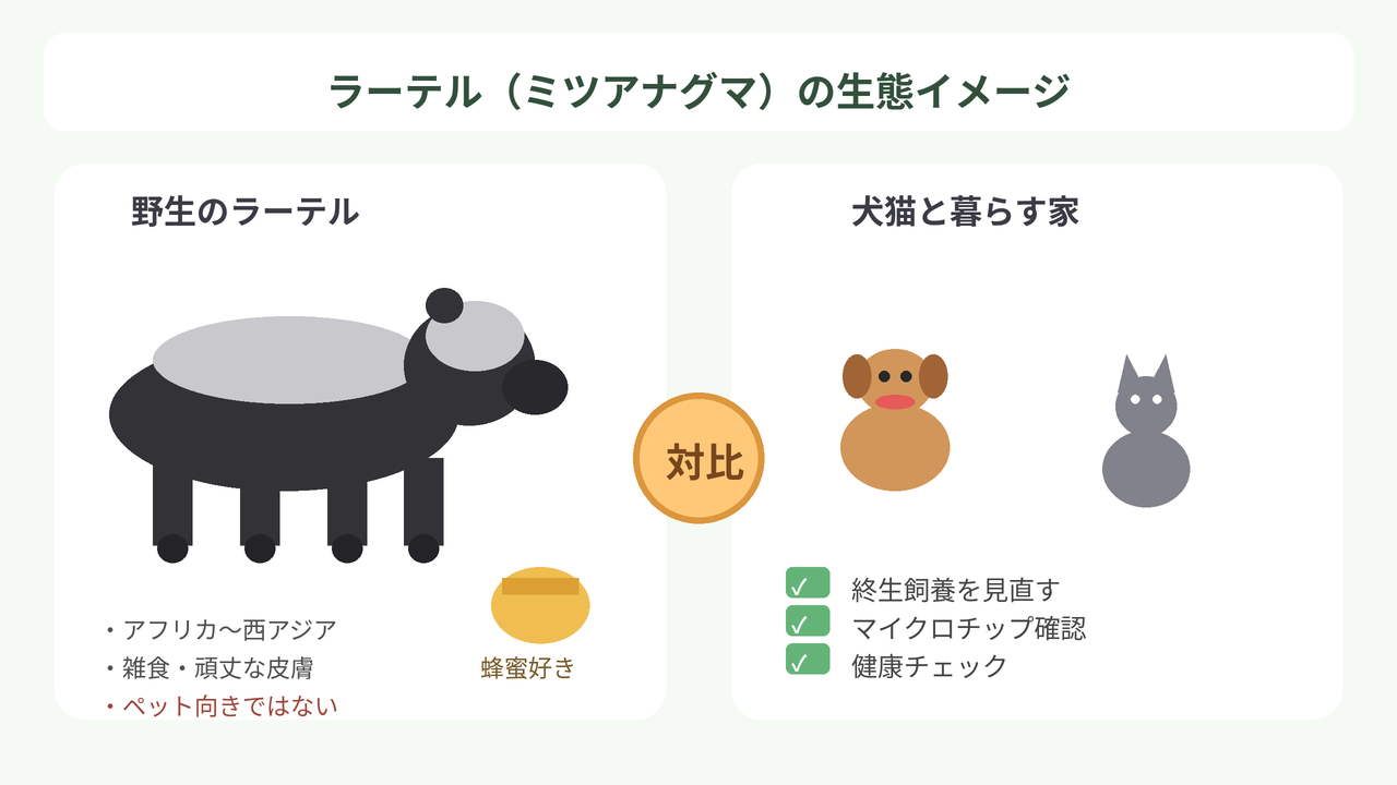 ラーテル（ミツアナグマ）の生態イメージと、犬猫と暮らす家の終生飼養チェックの対比イラスト